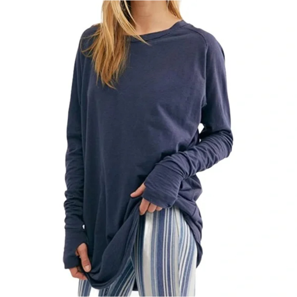 Free People Arden Slouchy Oversized Tee Blue Slub Cotton Long Sleeve Large